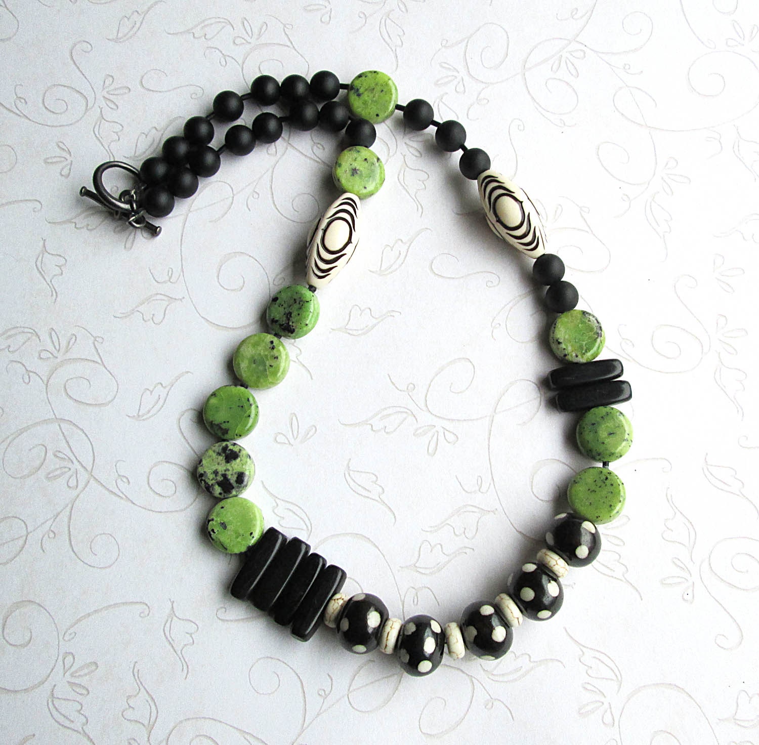 Black Green Necklace, Beaded, Single Strand Necklace, Black Necklace