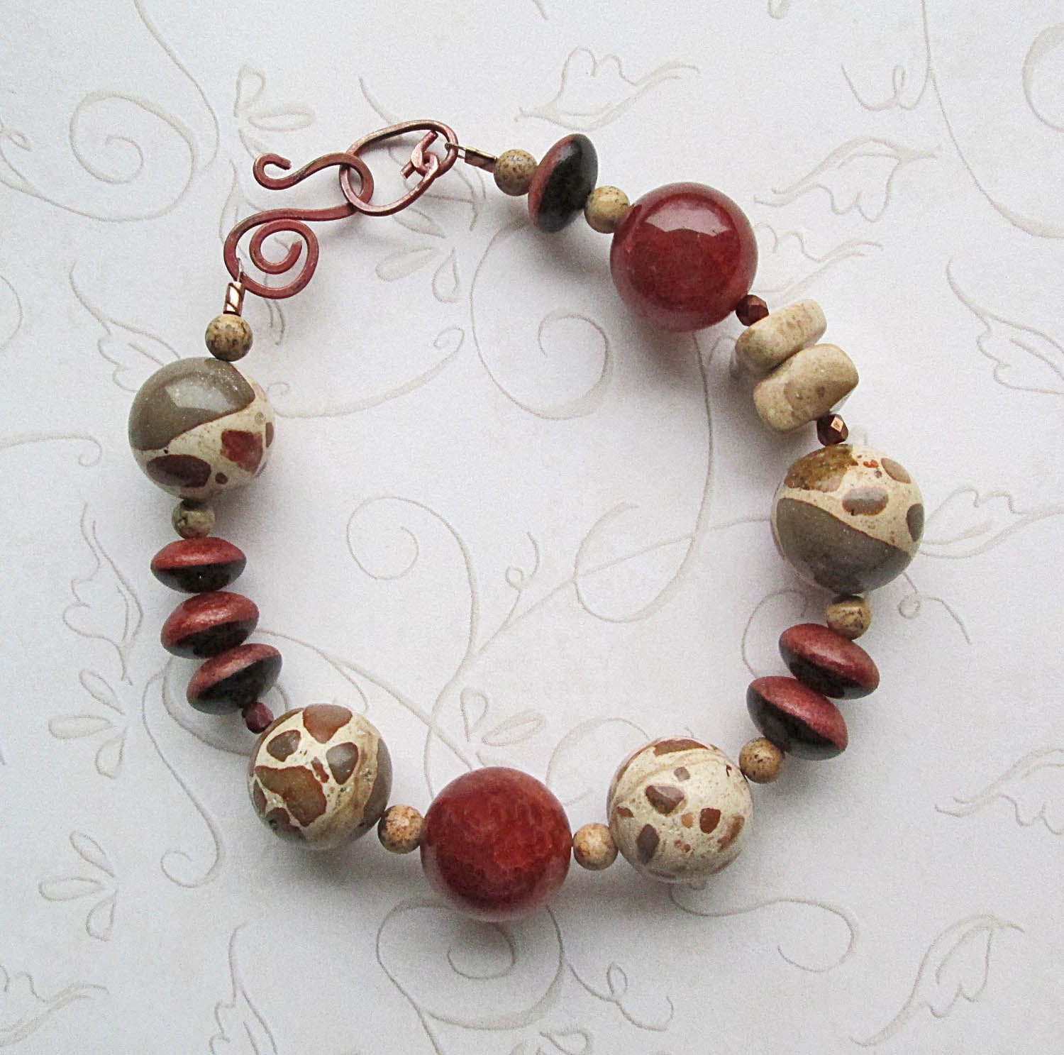 Beaded Red Bracelet Winter Jasper Jade Wood Beaded Beadwork Bracelet