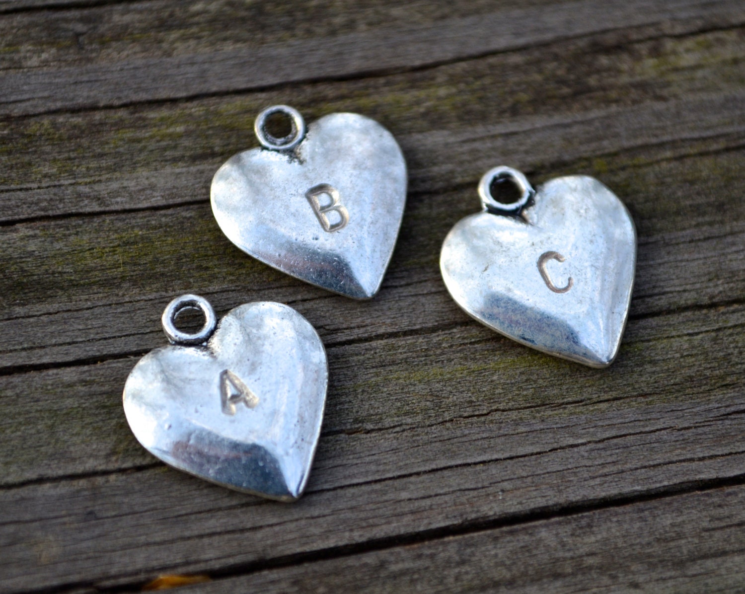 Silver Initial Heart Charm . Hand Stamped . Personalized