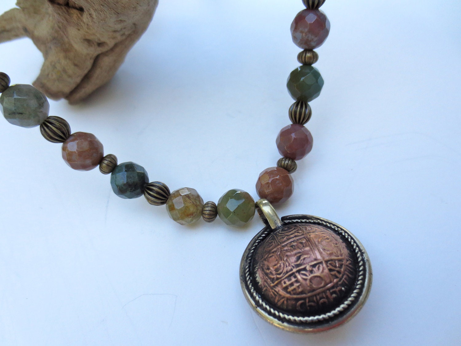 Tibetan Coin Necklace, Fancy Jasper Necklace, Autumn Colors, Earth Tones, Ethnic Jewelry