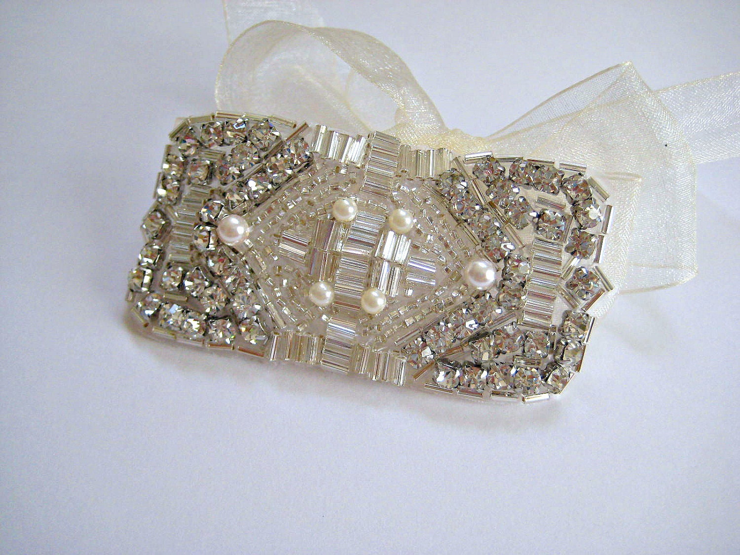 Bridal beaded swarovski crystal, pearl geometric art deco bracelet.  FLAPPER DECO