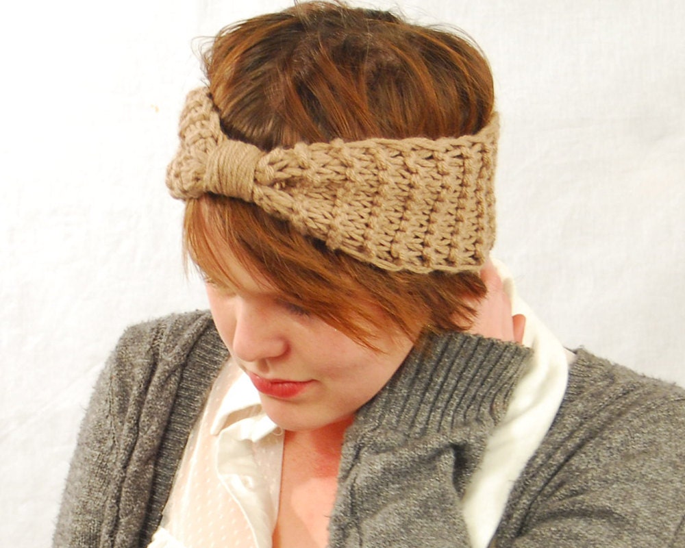Knit Headband Bow in Taupe, Beige