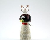 Tabby Cat Miniature Sculpture, One of a Kind Cat Statuette, Small Art, Feline with Flower