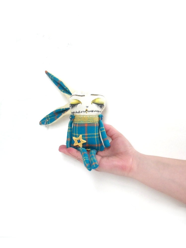 Art Doll Stuffed Plushie Soft Sculpture The Original Handmade Hand Painted Miniature Oddling Sonny the Zombie Bunny