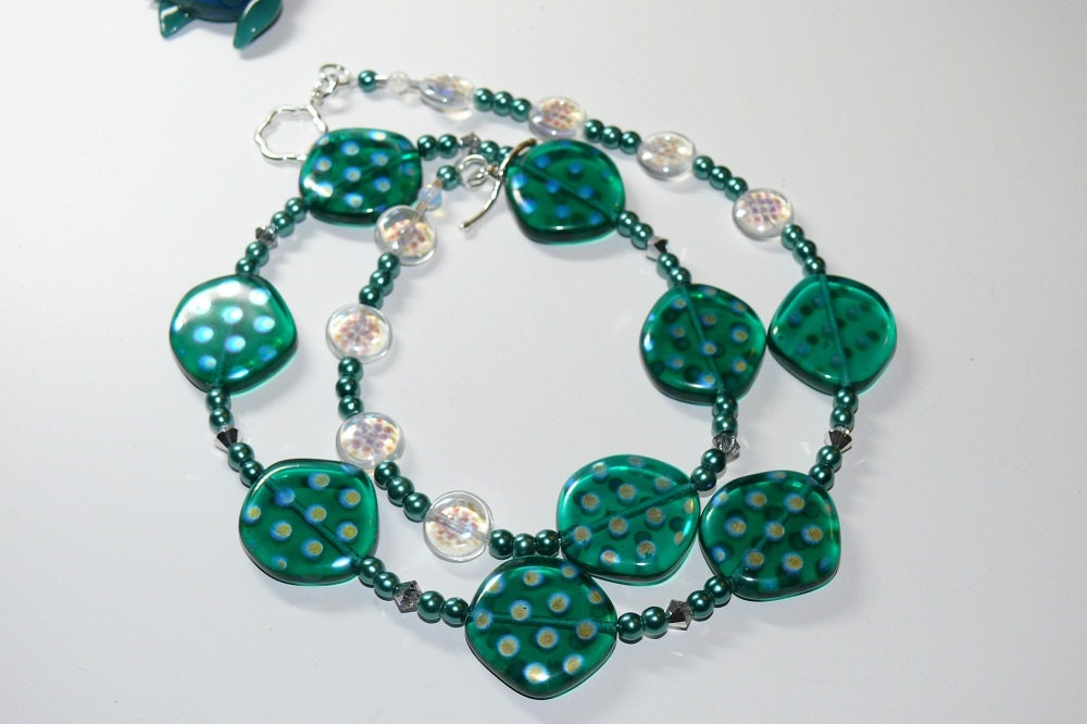 Crystal Ocean Czech Lentil Glass with Spotted Luster Beaded Handmade Necklace with Sterling Silver Flower Toggle