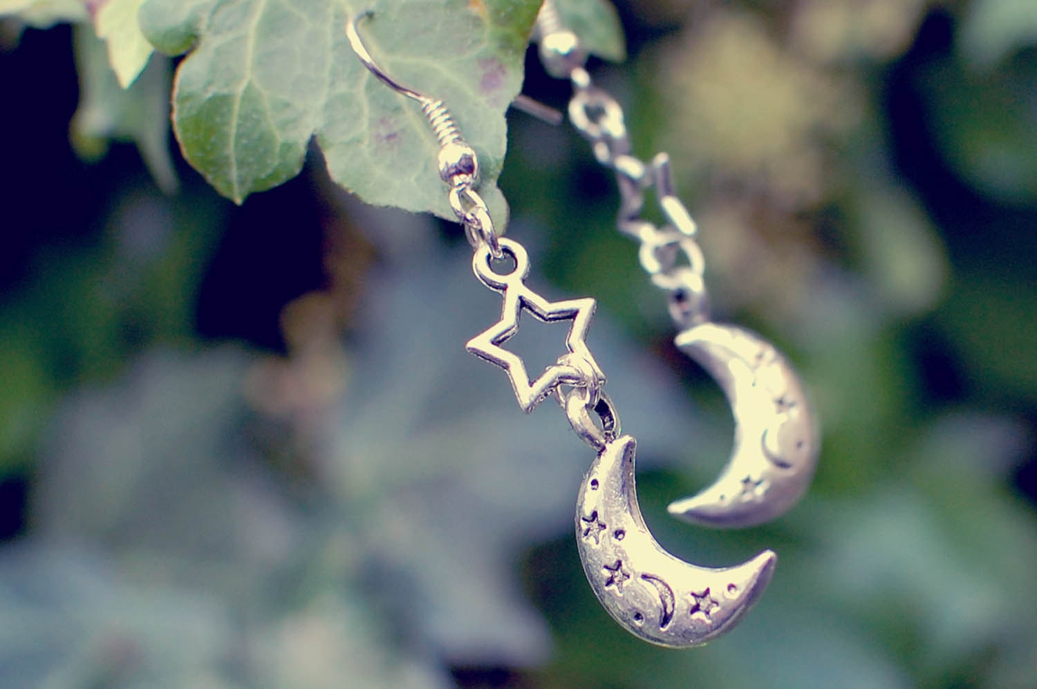 Lit With Moon and Star - Silver plated moon and stars earrings by benitablue