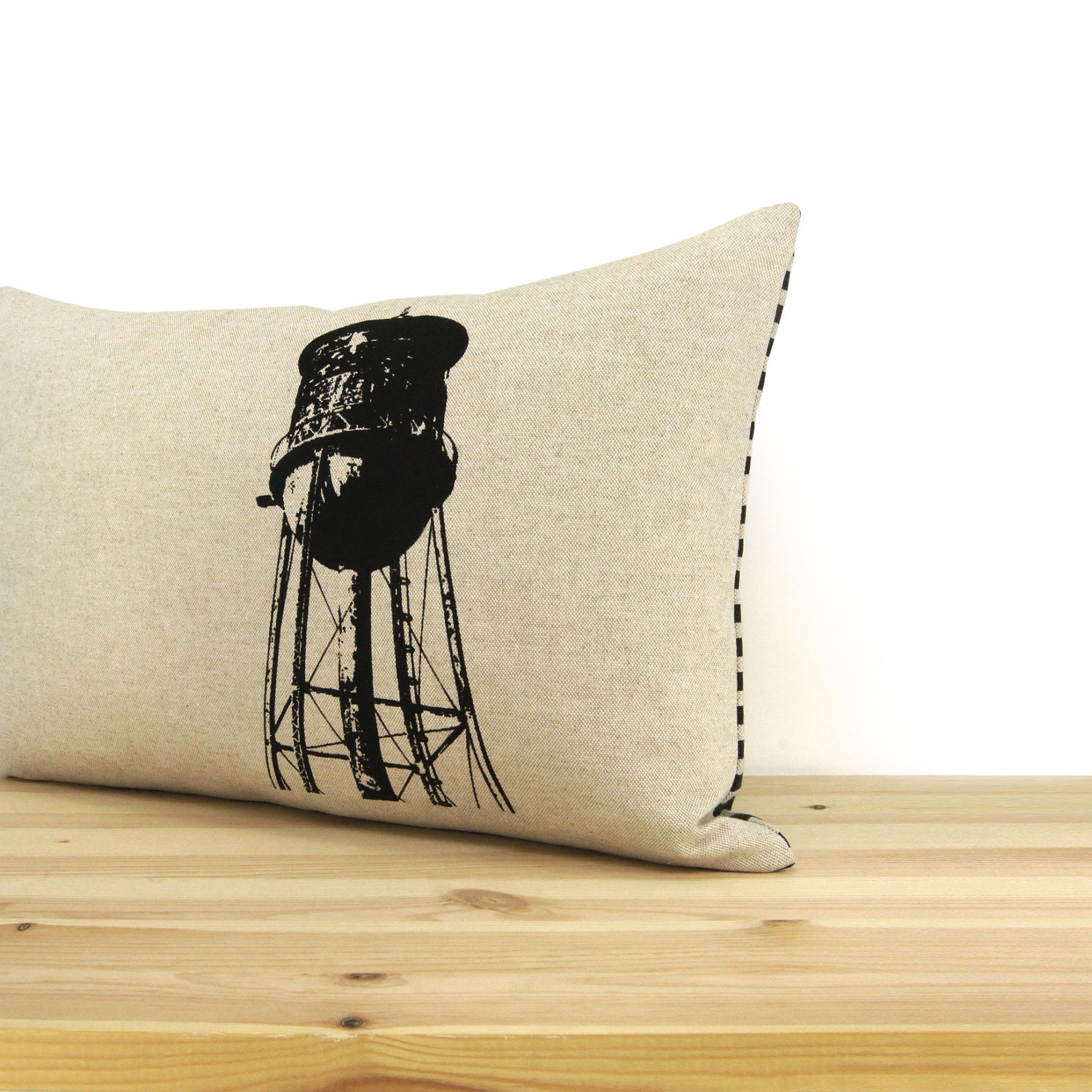 Water tower pillow cover, Decorative throw pillow, Modern home decor - 12x18 retro water tower pillow cover in black and natural beige