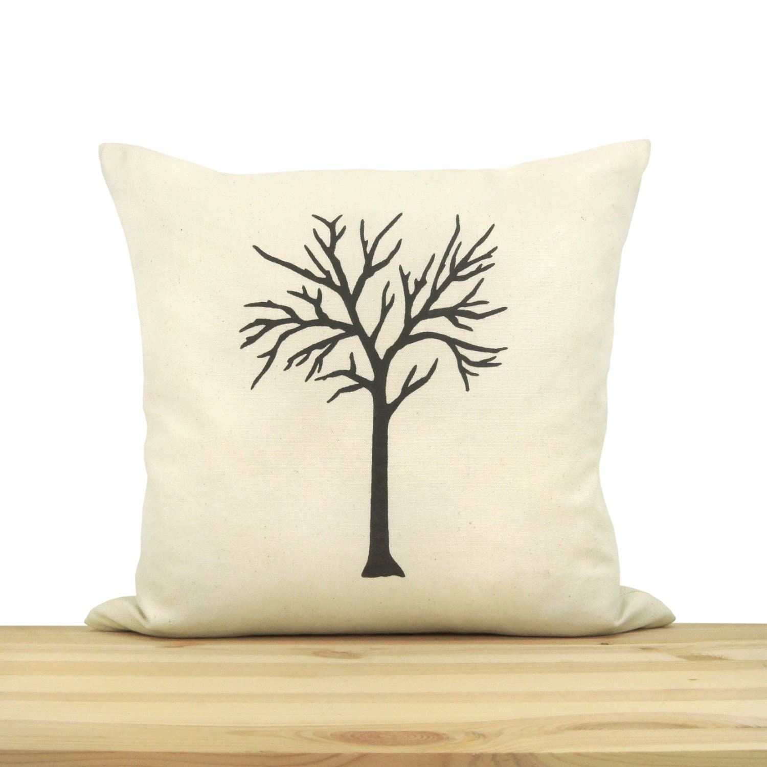 Decorative pillow cushion cover - Accent pillow - Charcoal gray winter tree print on light beige canvas - 16x16 throw pillow cover