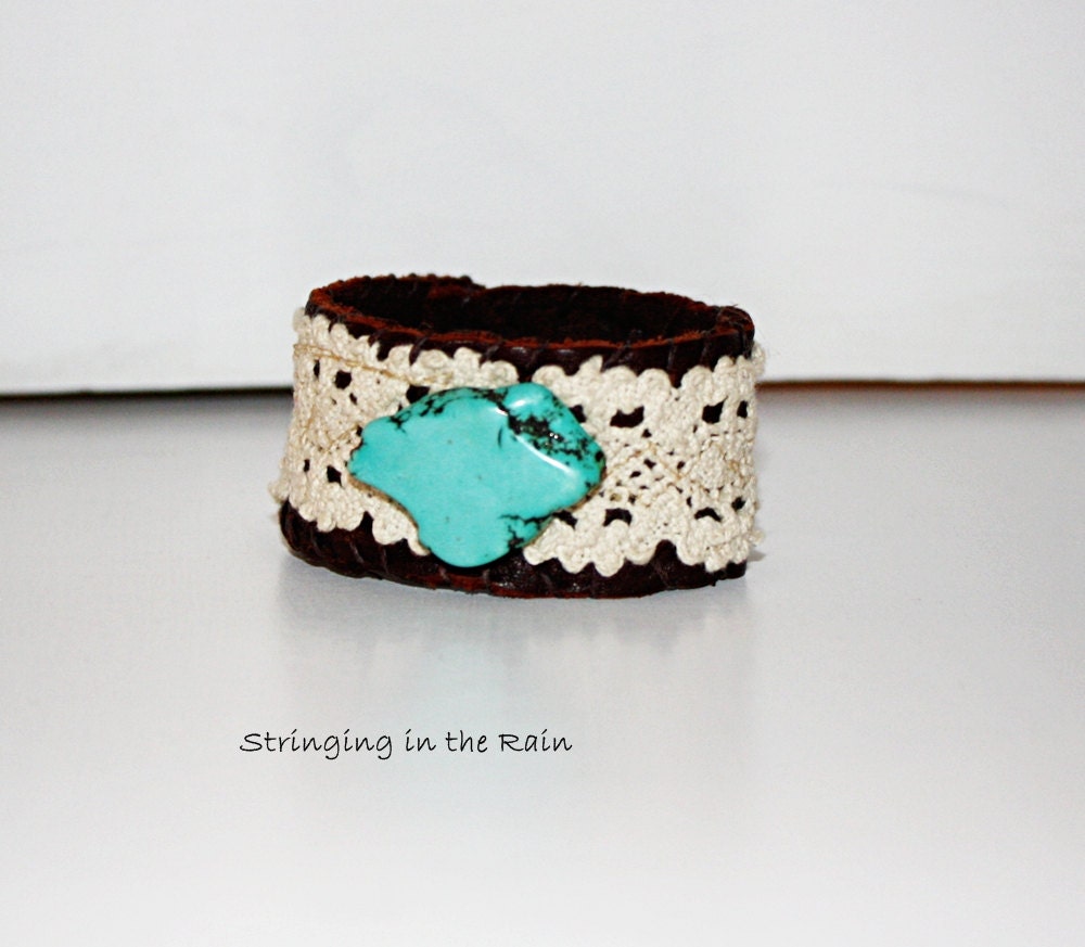 Leather Cuff, Turquoise and Lace, with a Vintage Pearl Button and Leather Loop Closure No.106