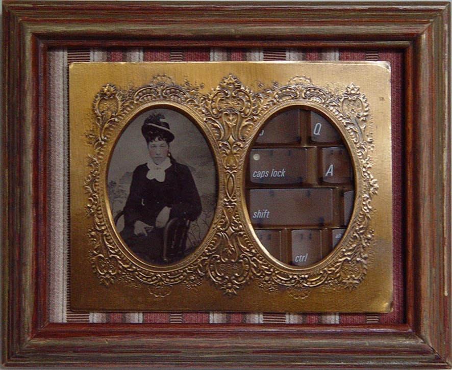 Steampunk Wall Art- Time Travel Portraits- Cyber Geekery Lovers ReUnited- Framed- 7 x 8 inch