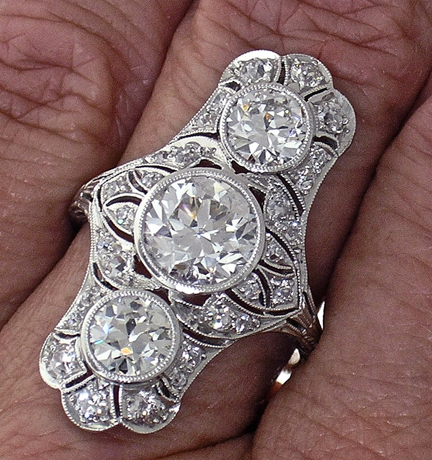 Drop Dead Gorgeous Edwardian Platinum 3 Stone Diamond Ring, Circa 1915 Very Rare