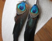 Dramatic Long Peacock and Rooster Feather Earrings