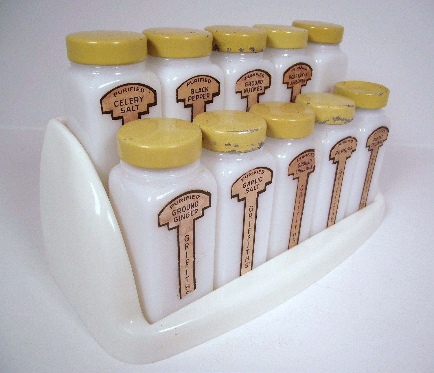 Vintgage Set of 10 Griffiths Laboratories Milk Glass Spice Jars with Yellow Lids & White Rack Valentine Gift and Baking Nice