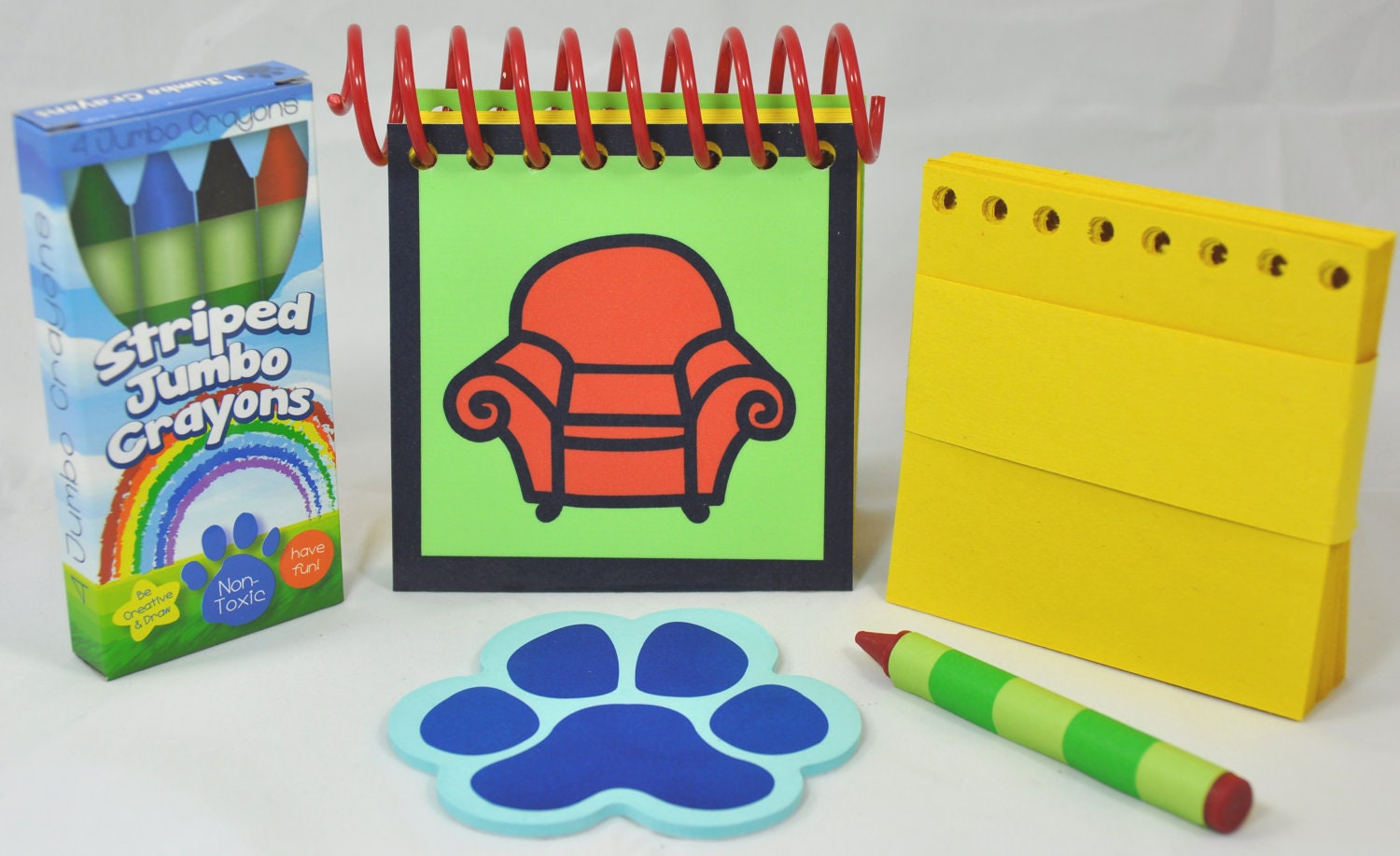 Erasable Blue's Clues Handy Dandy Notebook with Box 4 Jumbo Crayons and sticky Paw shaped clues