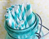 25 Turquoise/Teal Striped Paper Straws/ Party Straws/ Wedding Straws- Printable DIY Flags Included