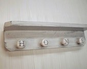 Primitive Rustic Shabby Chic, Handmade Wood Shelf with 4 Ceramic Knobs "Home"-Pale Silver 
