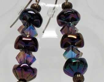 Tall Pierced Earrings Deep Purple Czech Glass and Crystal Cubes with Antique Gold