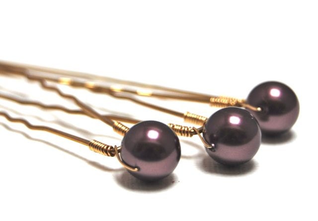 Bridal Hair Pins Burgundy Plum Swarovski Pearl Wedding Accessory Wire Wrapped Hair Fashion LoveandCherish