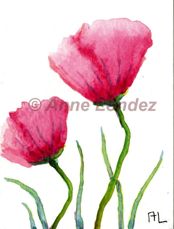 Art  watercolor painting ACEO original watercolor watercolour pink peony poppy flower home decor  bookmark Anne Londez SRA OOAK