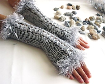 LIGHT GRAY Fingerless Gloves,  Wool Women Mittens, Arm Warmers with satin ribbon, Hand Knitted, eco friendly
