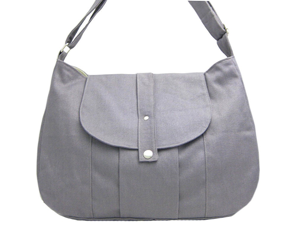 gray cotton canvas messenger bag / shoulder bag / everyday bag / diaper bag / cross body bag - 6 pockets