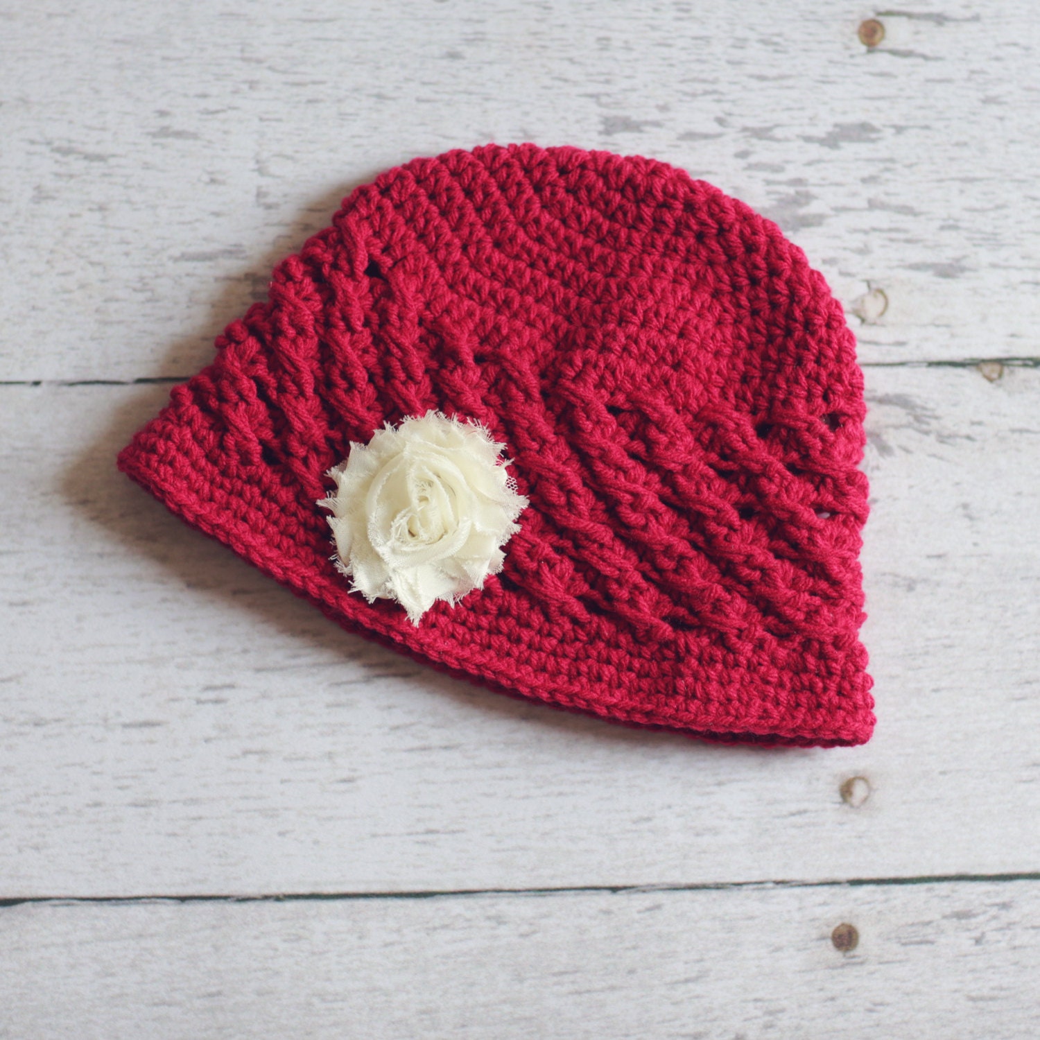 Cherry Red Vintage Style Cloche with Ivory Shabby Frayed Flower Clip- colors customizable- Newborn, baby, toddler, child sizes