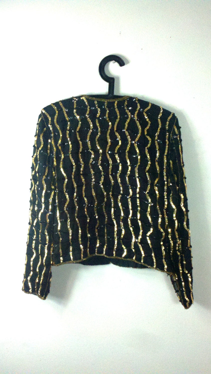 Cabaret Vintage 80s Black & Gold Cardigan Sequin Jacket