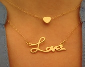 Gold Matte Love and Heart Necklace, Can be worn as separate necklaces