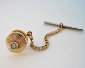Vintage 80s Retro Mod Signed Swank Goldtone Gold Tone Clear Rhinestone Starburst Circular Round Tie Tack Mens Accessory