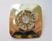 SALE 10 PERCENT OFF Vintage 70s Mod Retro Goldtone Gold Tone Rounded Square Sculpted Flower Clear Rhinestone Brooch Pin