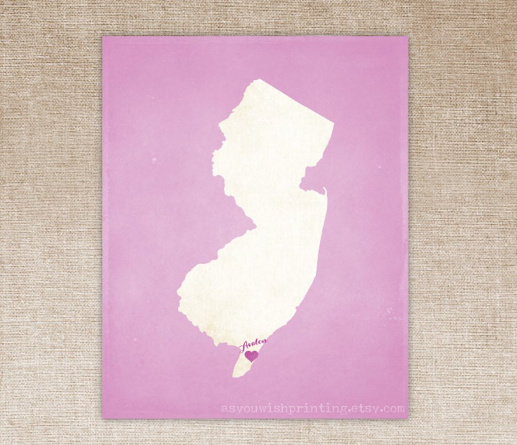 Customized New Jersey 8 x 10 State Art Print, State Map, Heart, Silhouette, Aged-Look Print