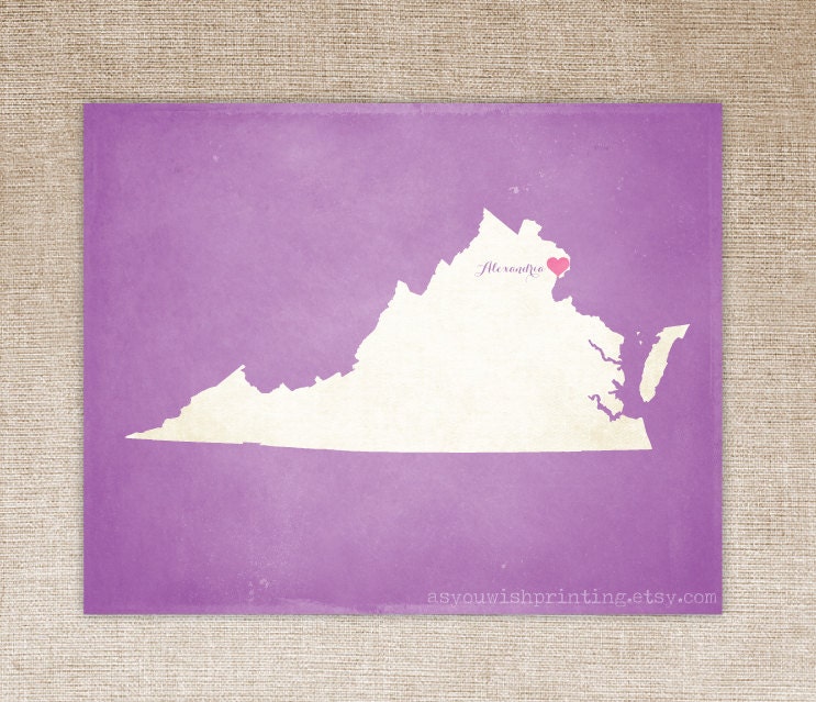 Customized Virginia 8 x 10 State Art Print, State Map, Heart, Silhouette, Aged-Look Print