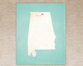 Customized Alabama 8 x 10 State Art Print, State Map, Heart, Silhouette, Aged-Look Print