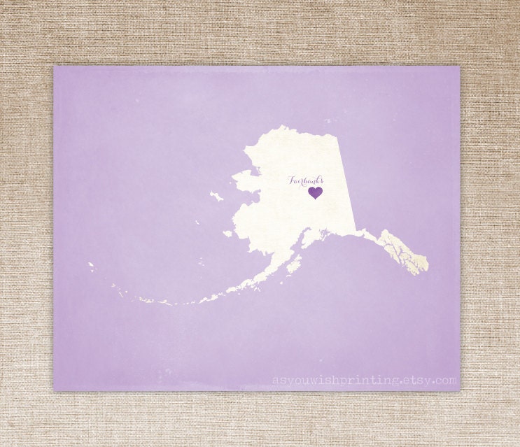 Customized Alaska 8 x 10 State Art Print, State Map, Heart, Silhouette, Aged-Look Print