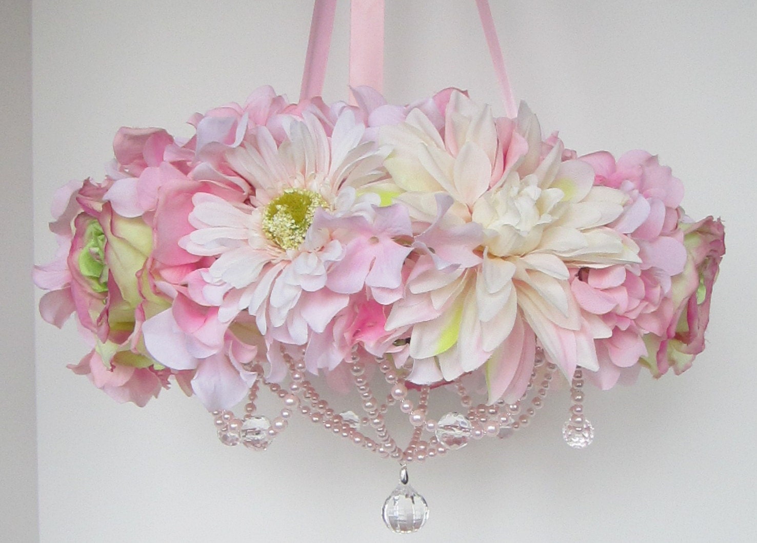 Baby Mobile Flower Crib Mobile Floral Chandelier Shabby Chic Pink Baby Girl Nursery Decor Pearls