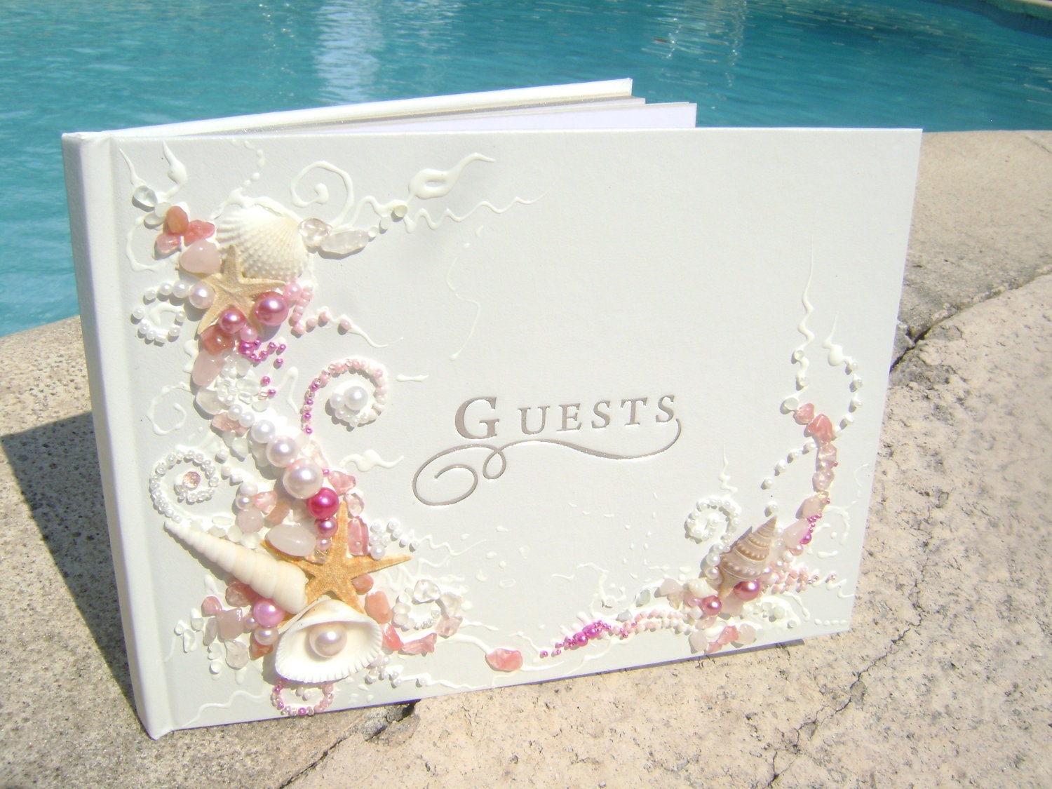 GORGEOUS Beach wedding guest book, hand decorated with real starfish and sea shells in pink and white, 8.5"x 6"