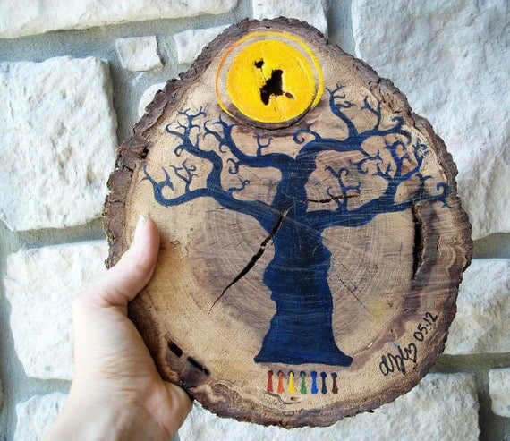 Blue Tree Painting on Wood / Shabby Chic Natural Home / Halloween Decor/  Pagan Folk Art
