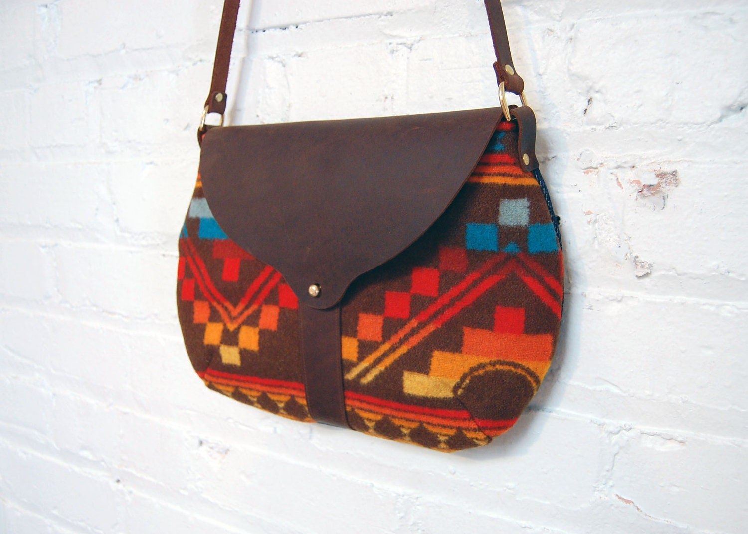 The Taplin Purse // Geometric Wool Fabric in Brown and Rainbow with Dark Leather