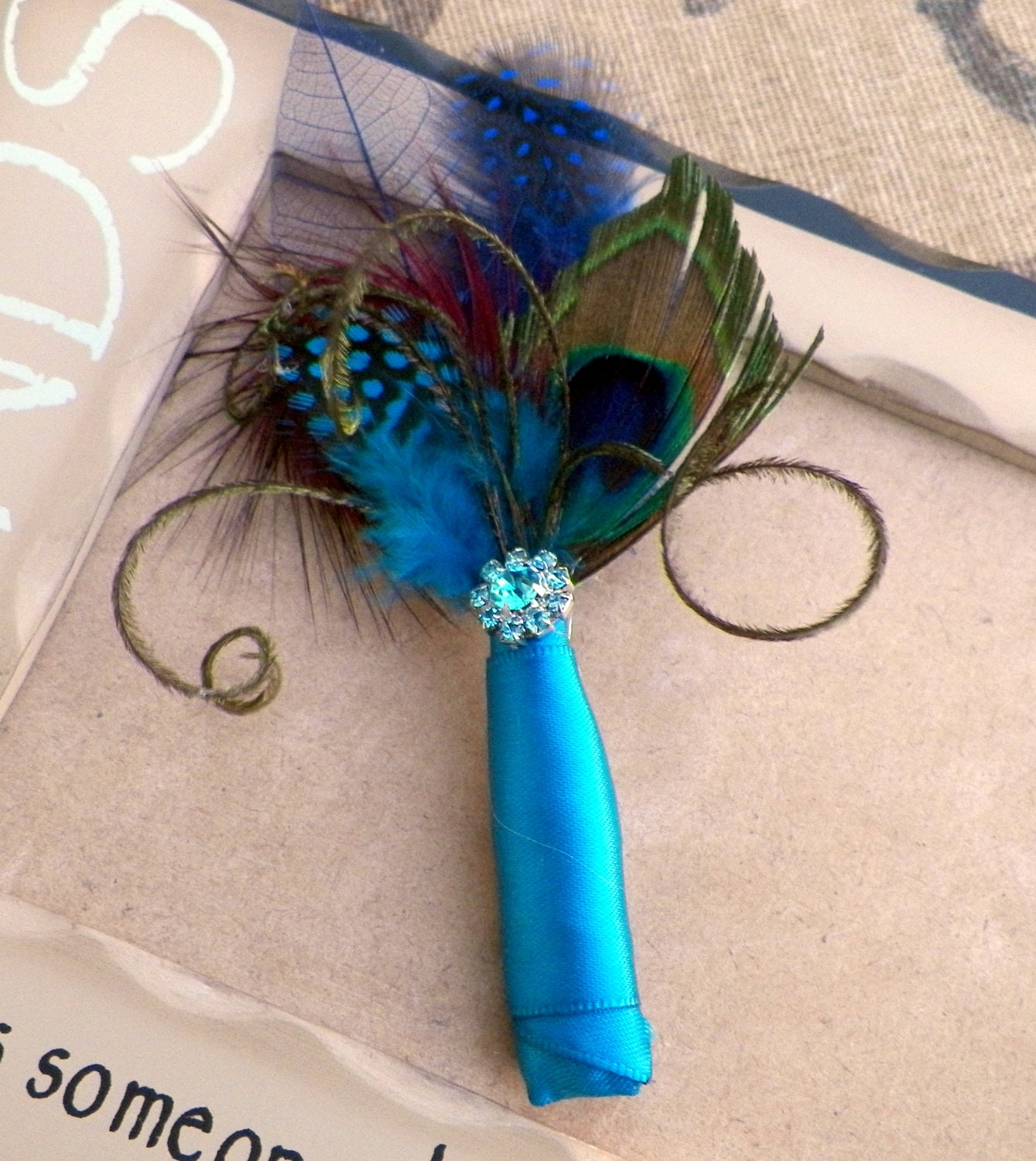 SALE Peacock Boutonniere ...Beautiful Peacock Feather Wedding Day Bridal Party Boutonniere Teal, Aqua Marine Rhinestone Boutineer...