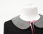 Herringbone Peter Pan Collar. Detachable Peter Pan Collar in Black and White Chevron with pink ribbon bow. Zig Zag. Tweed Peter Pan Collar