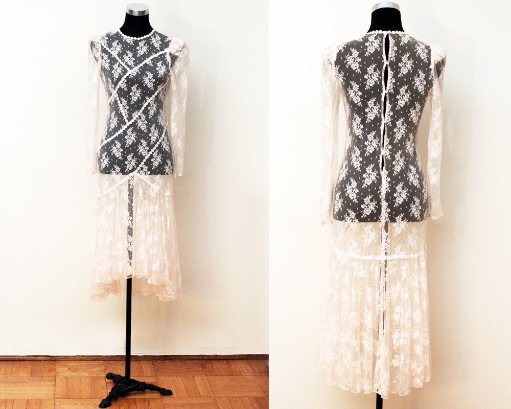 Vintage Sheer Lace Dress, FREE SHIPPING, 20s style, Lace Maxi Dress, Flapper dress, Lace Wedding dress, Dropped waist Dress