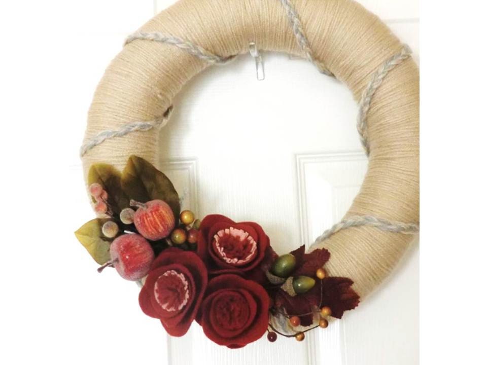 Desert Sunset Felt Wreath w/ Russet Flowers - Sand Beige Designer Door Hanging - Large 14 in