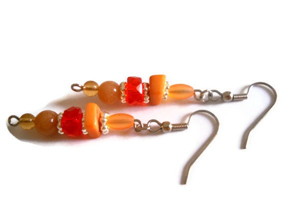 Dangle Earrings, Orange Shell Earrings, Carnelian Earrings, Gemstone Earrings, Bohemian Silver Earrings, Red Czech Glass Beaded Jewelry