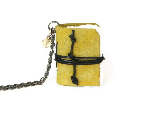 Steampunk leather necklace journal miniature book with blank pages gunmetal chain - gift for her - yellow green chartreuse - BrotherWorks