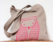 Neon Pink Owl Tote Bag - Natural Linen Owl Tote Bag