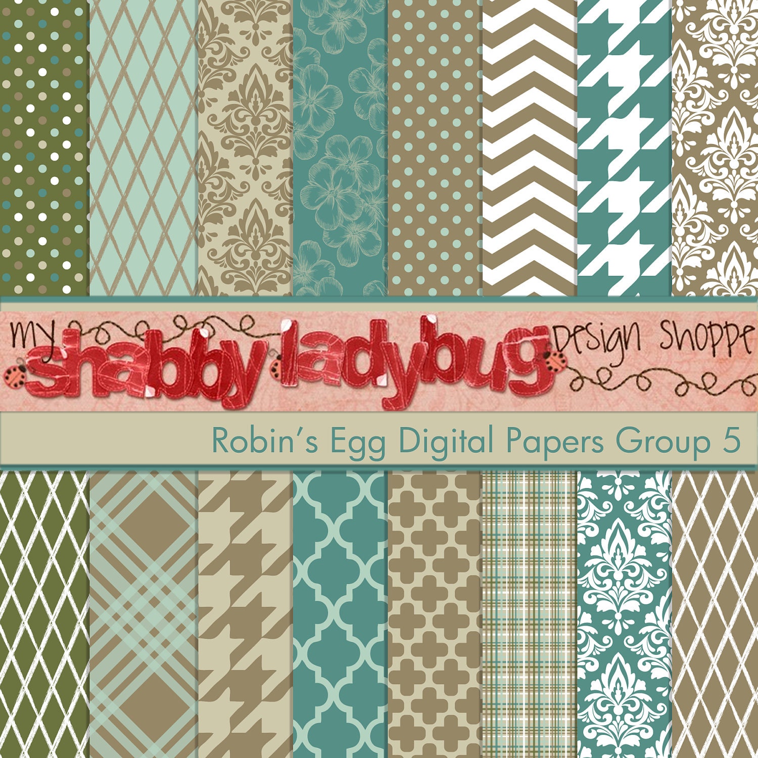 Robin's Egg Digital Paper Collection Group 5: 16 Individual 12x12" 300 dpi digital scrapbook papers