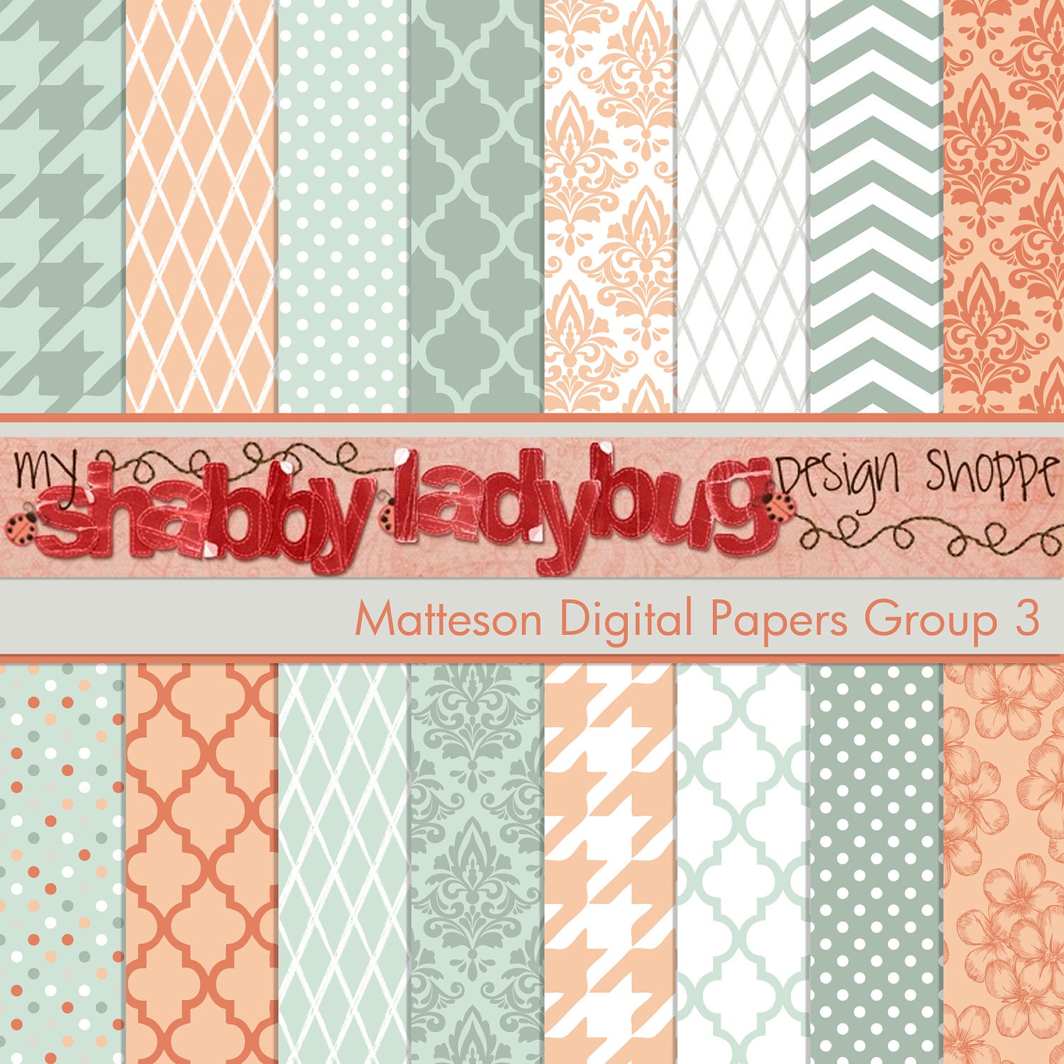 Matteson Digital Paper Collection Group 3: 16 Individual 12x12" 300 dpi digital scrapbook papers Salmon, Grey, Blue, White