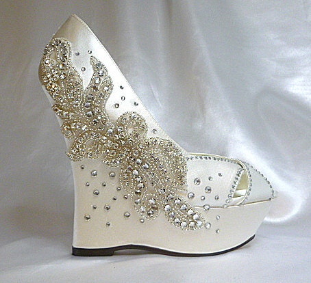 Dhalia .. ivory satin 5 inch wedge and Swarovski crystal adornments