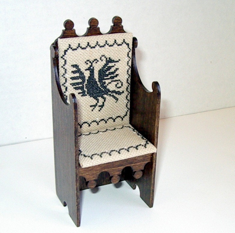 Medieval King Chair, Bird Cushion, Dollhouse Miniature 1/12 Scale