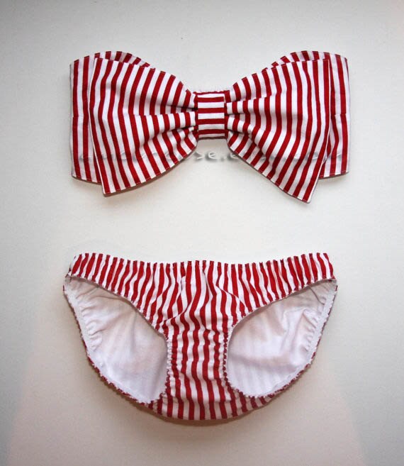 Red and White Stripe Bow Bandeau Set